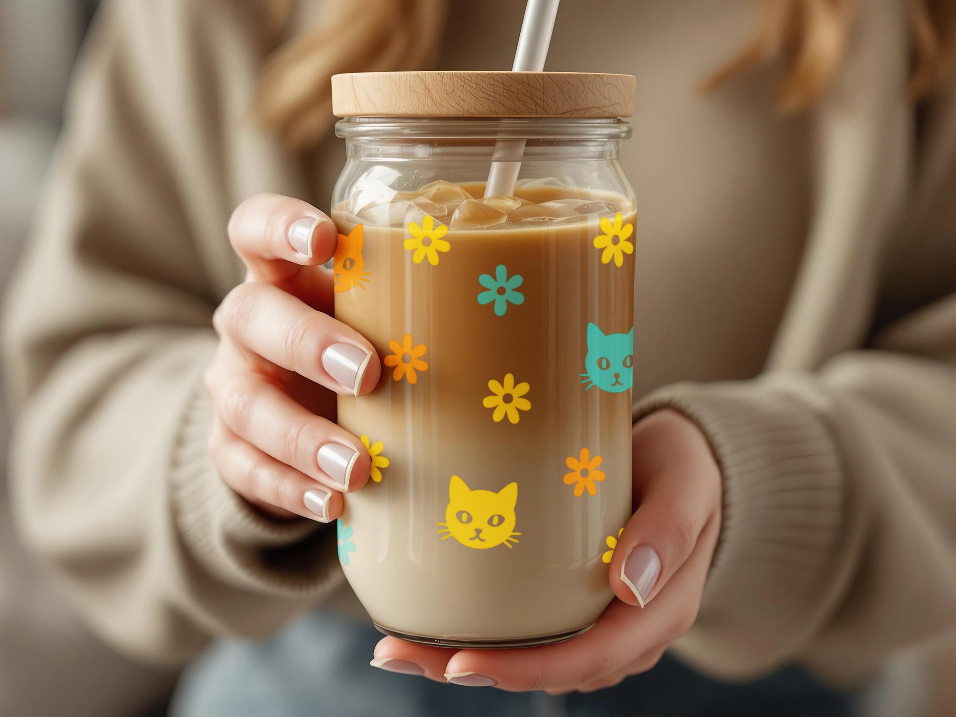 Cute Cat and Floral Pattern Reusable Glass Coffee Cup, Colorful Eco-Friendly Drinking Jar with Straw