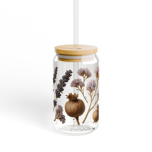 Floral Glass Straw Dispenser with Wooden Lid, Vintage Lavender Design, Kitchen Decor