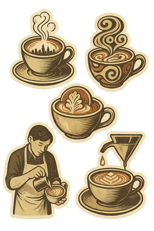 Vintage Style Coffee Stickers, Barista and Latte Art, Decorative Cup Decals, Retro Café Theme, Unique Coffee Lover Gift Set
