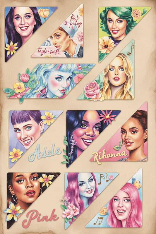Colorful Celebrity Portrait Bookmarks, Floral Pop Star Art, Taylor Swift, Adele, Rihanna