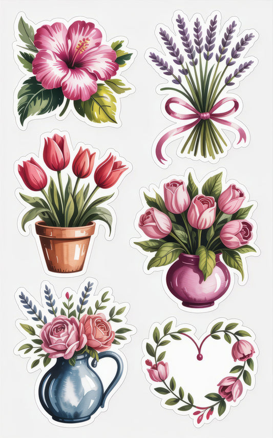 Floral Stickers Set, Tulips, Lavender, Roses, Hibiscus, Spring Blossoms, Watercolor Flower Decals
