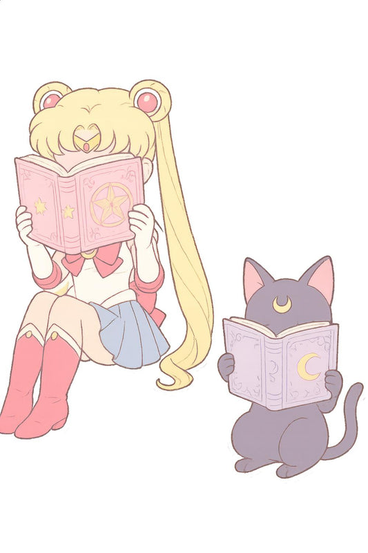 Sailor Moon Inspired Art Print, Anime Girl and Black Cat Reading, Cute Wall Decor, Pastel Colors Illustration