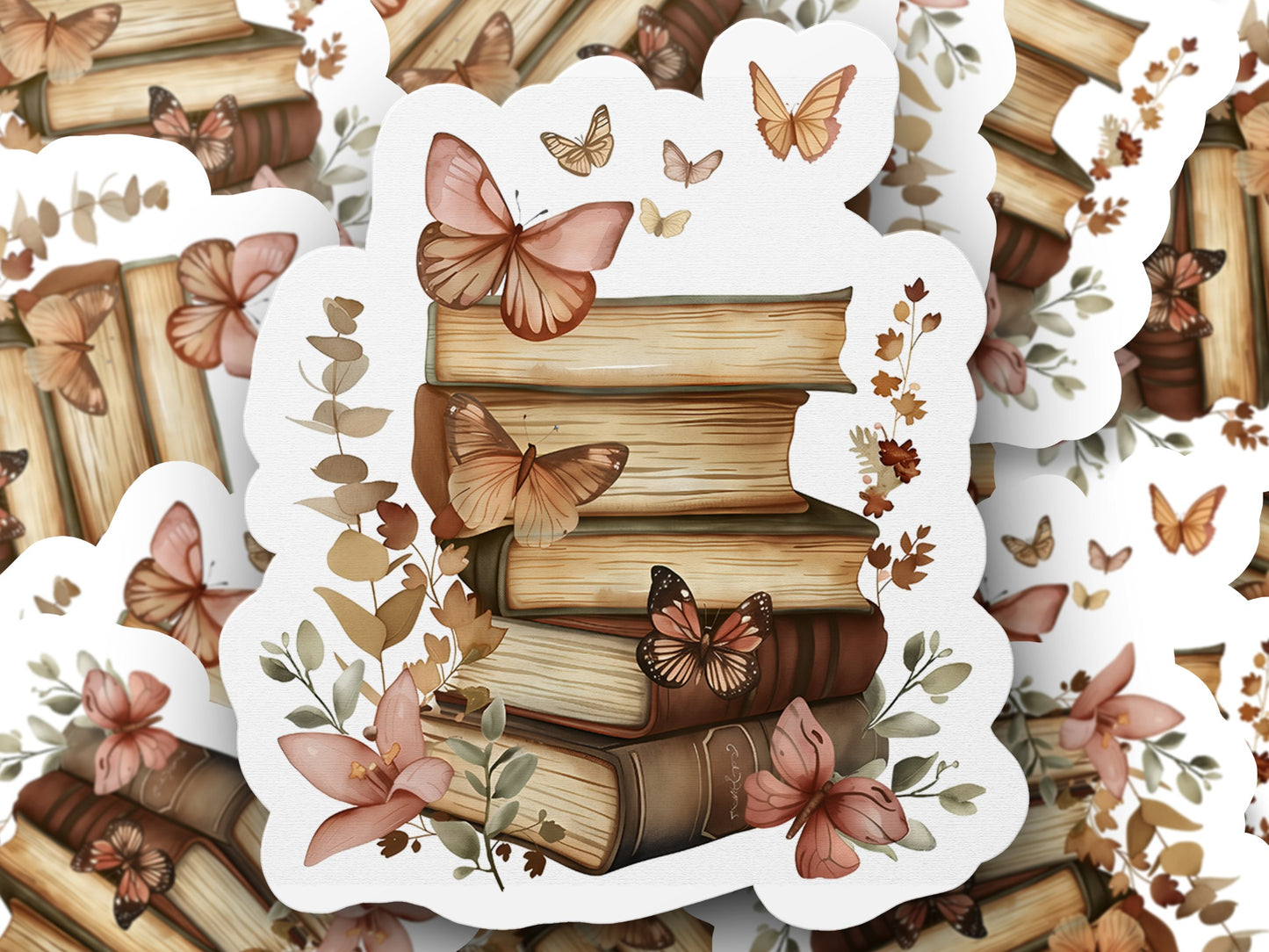 Vintage Wood Book Stack with Butterflies Sticker product