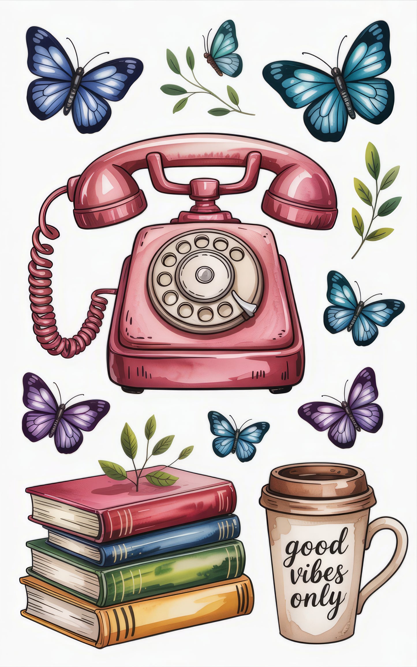 Vintage Red Phone, Blue Butterflies, Stacked Books Art Print, Coffee Mug Good Vibes Only Decor