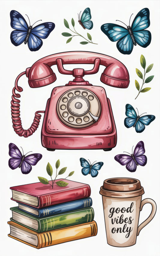 Vintage Red Phone, Blue Butterflies, Stacked Books Art Print, Coffee Mug Good Vibes Only Decor