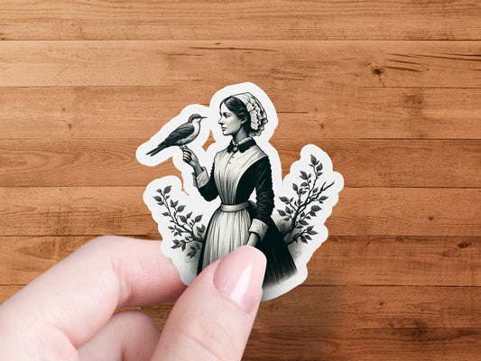 Vintage Style Woman with Crow Die Cut Sticker, Floral Background, Unique Journal Decal, Gift Idea