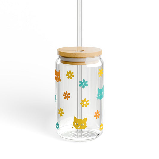 Cute Cat and Flower Glass Drinking Jar with Straw - Colorful Home Kitchen Decor