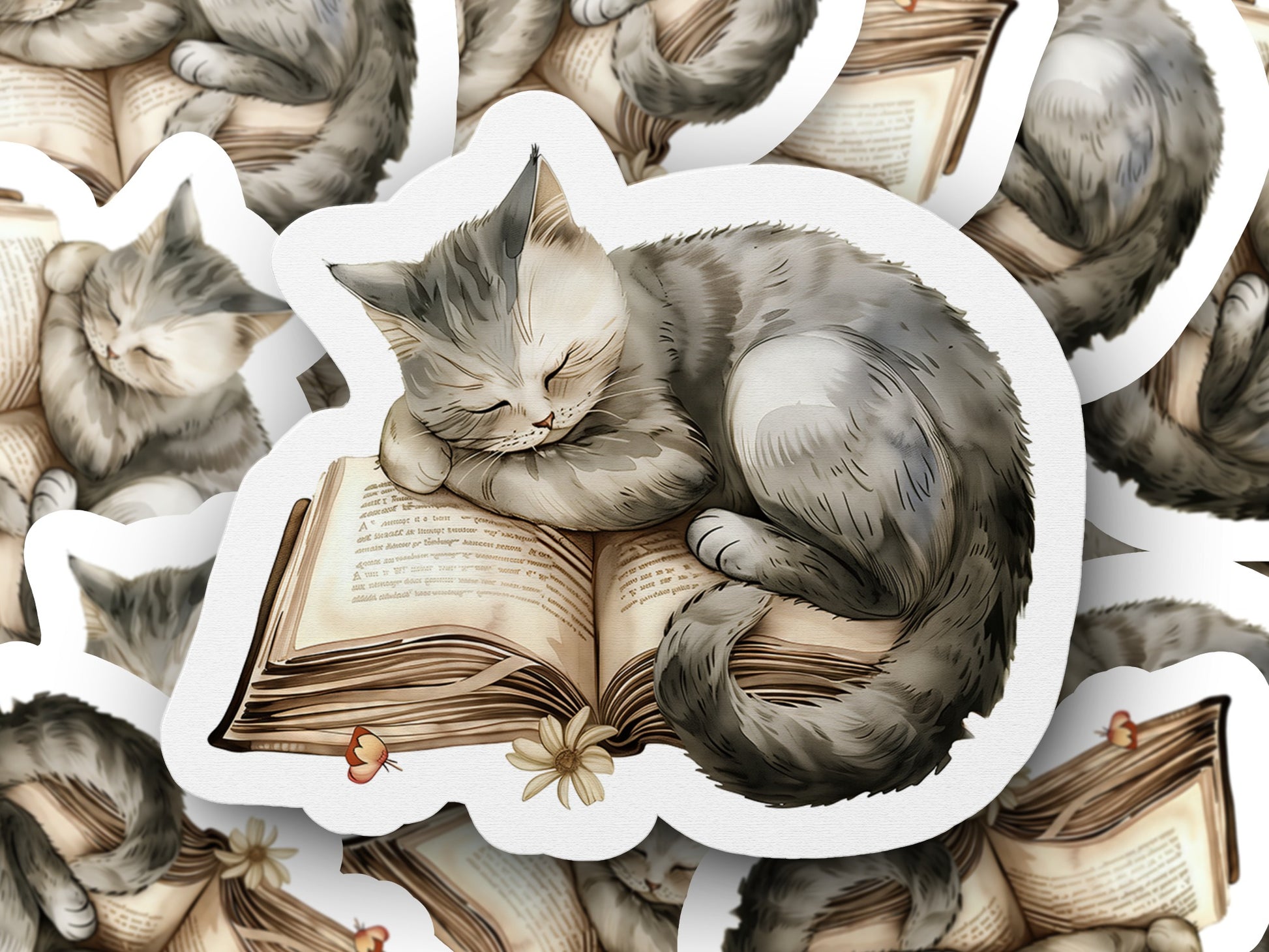 Cozy Sleeping Cat with Book Cute Sticker product type