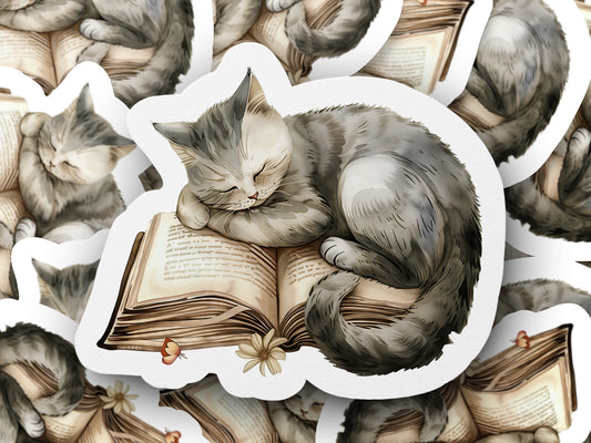 Cozy Sleeping Cat with Book Cute Sticker product type