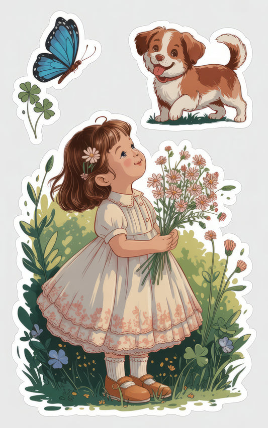 Vintage Style Girl and Dog Illustration Sticker, Floral and Butterfly Decals, Cute Child and Pet Decorative Stickers for Crafting and