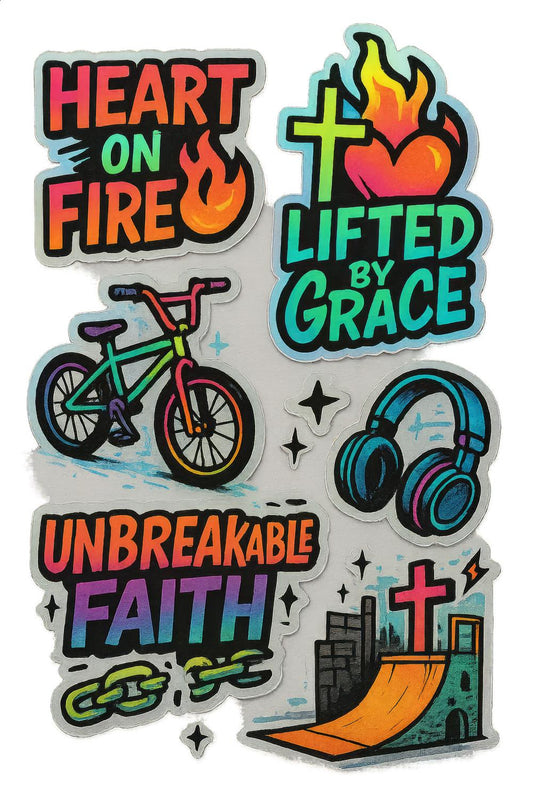 Colorful Inspirational Stickers, Heart on Fire, Unbreakable Faith, Bike, Headphones Design Vinyl Decals