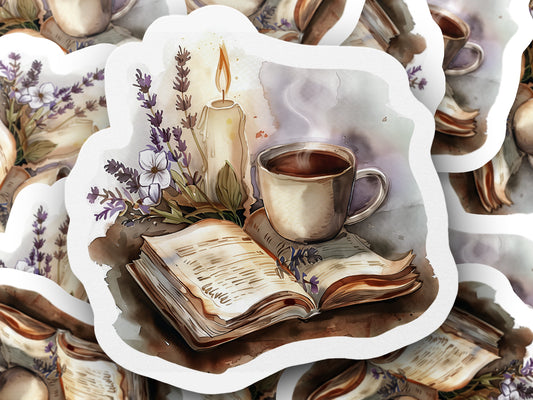 Cozy Candle Coffee and Book Illustration Sticker product