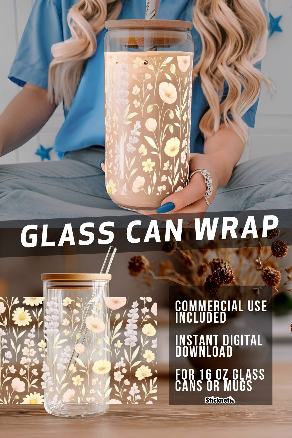 Floral Glass Can Wrap SVG, Instant Download, Digital File for 16 oz Mugs, DIY Decal Design, Unique Drinkware Accessories