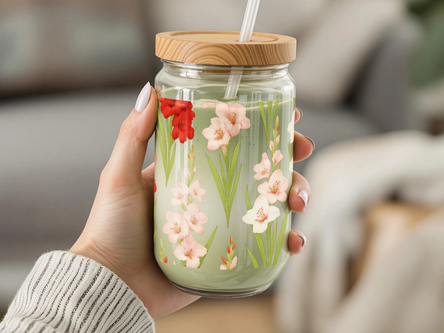 Floral Glass Tumbler with Bamboo Lid, Eco-Friendly Reusable Drinkware, Spring Flowers Design