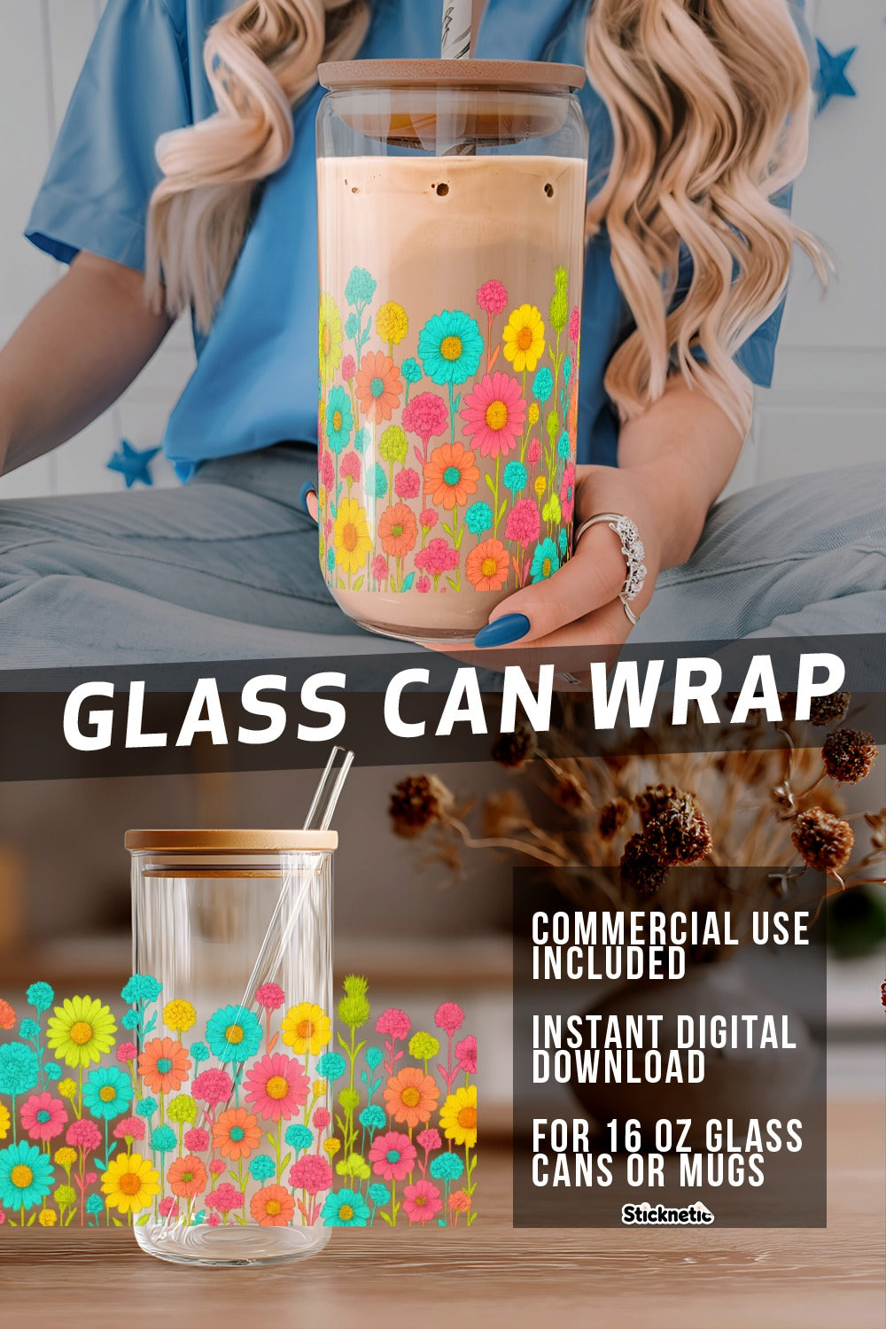 Floral Glass Can Wrap Design, Instant Download, Commercial Use, 16 oz Glass Mug Decoration