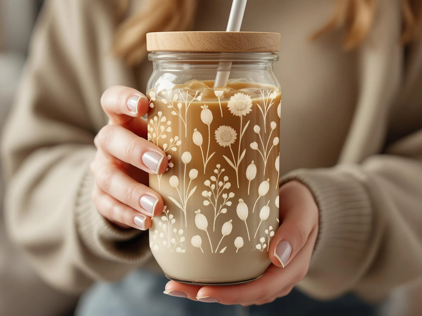 Floral Pattern Reusable Glass Coffee Cup with Bamboo Lid and Straw, Eco-Friendly Drinkware