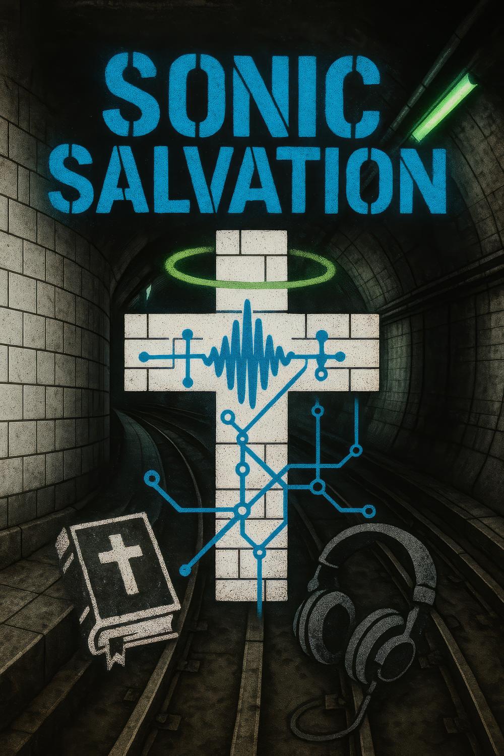 Sonic Salvation Poster, Urban Subway Art, Music and Faith Concept, Retro Style Wall Decor, Unique Underground Station Artwork