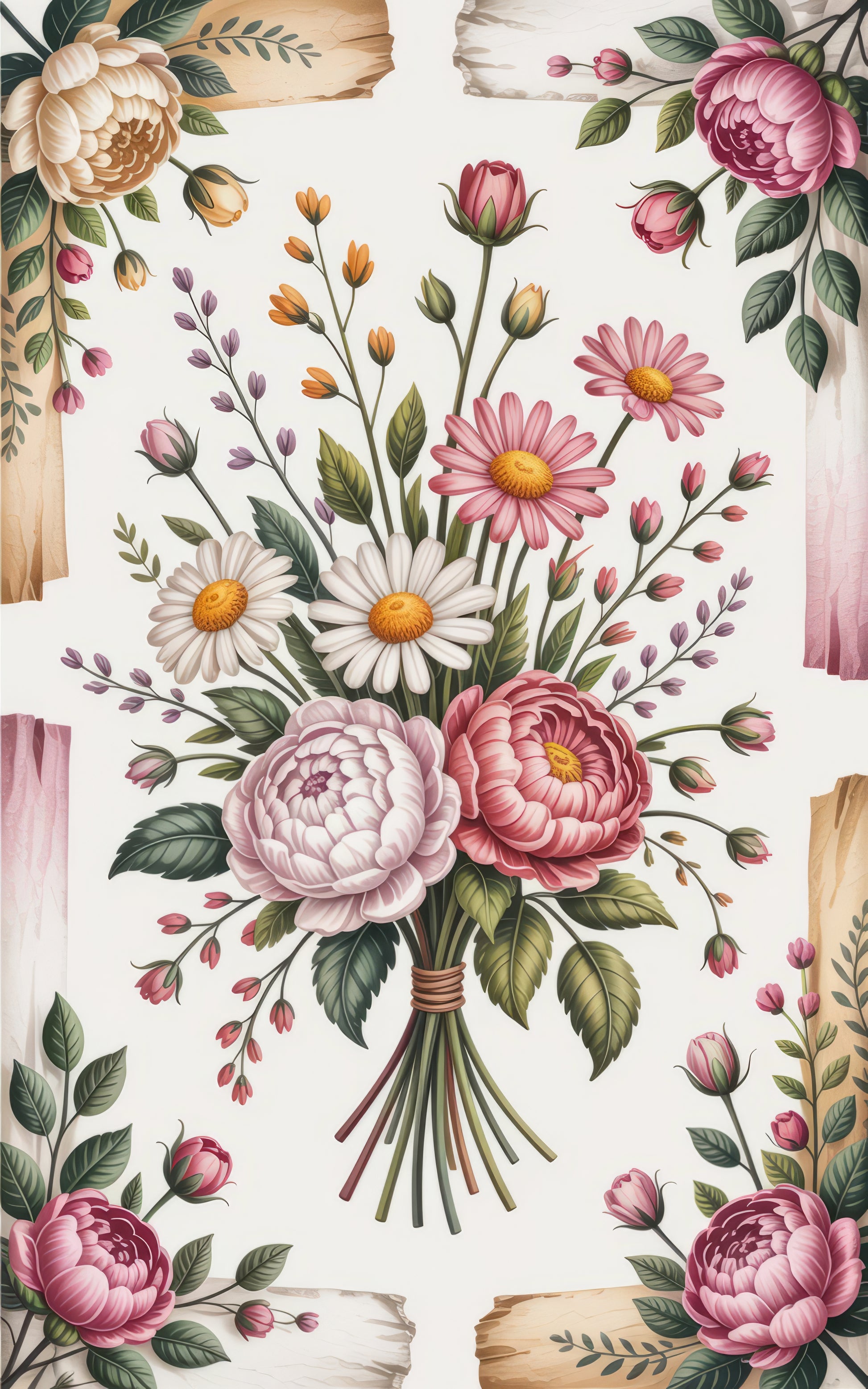 Vintage Floral Bouquet Art Print, Botanical Poster, Colorful Spring Flowers, Peonies and Daisies Home Decor