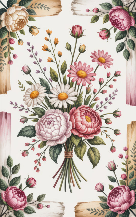 Vintage Floral Bouquet Art Print, Botanical Poster, Colorful Spring Flowers, Peonies and Daisies Home Decor