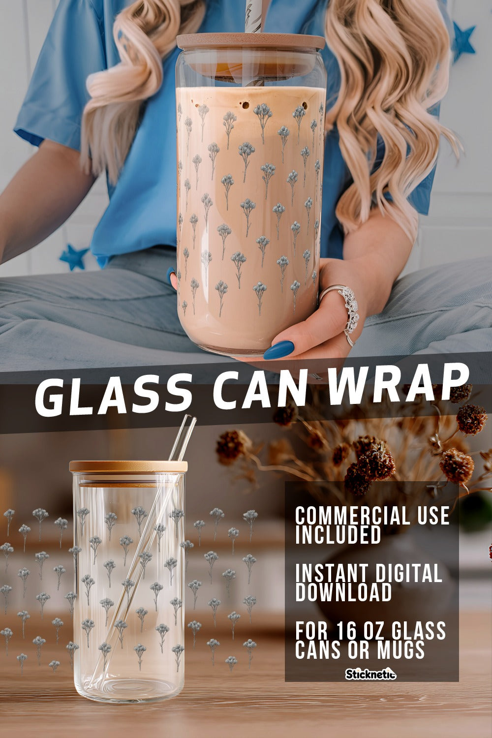 Floral Glass Can Wrap Design, Instant Digital Download, Commercial Use, 16 oz Mug Decoration Template