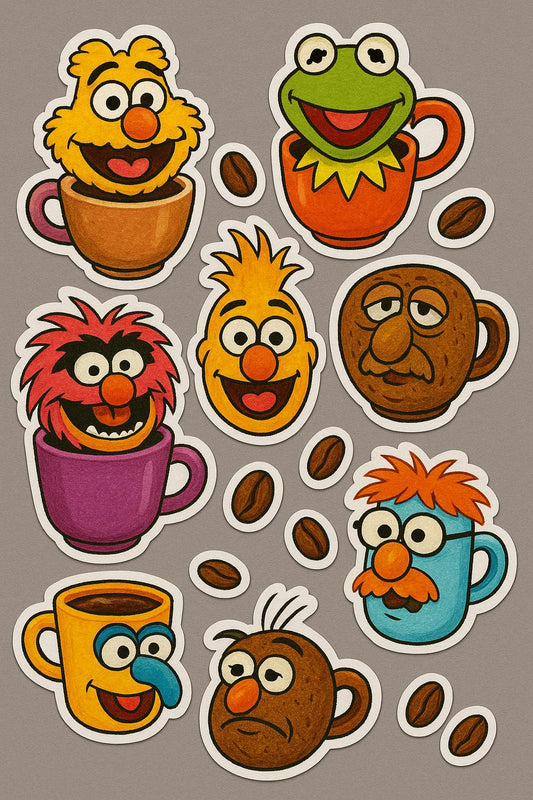 Muppet Characters Coffee Cup Stickers, Vinyl Waterproof Decals, Cute Laptop and Mug Decoration, Set of 8