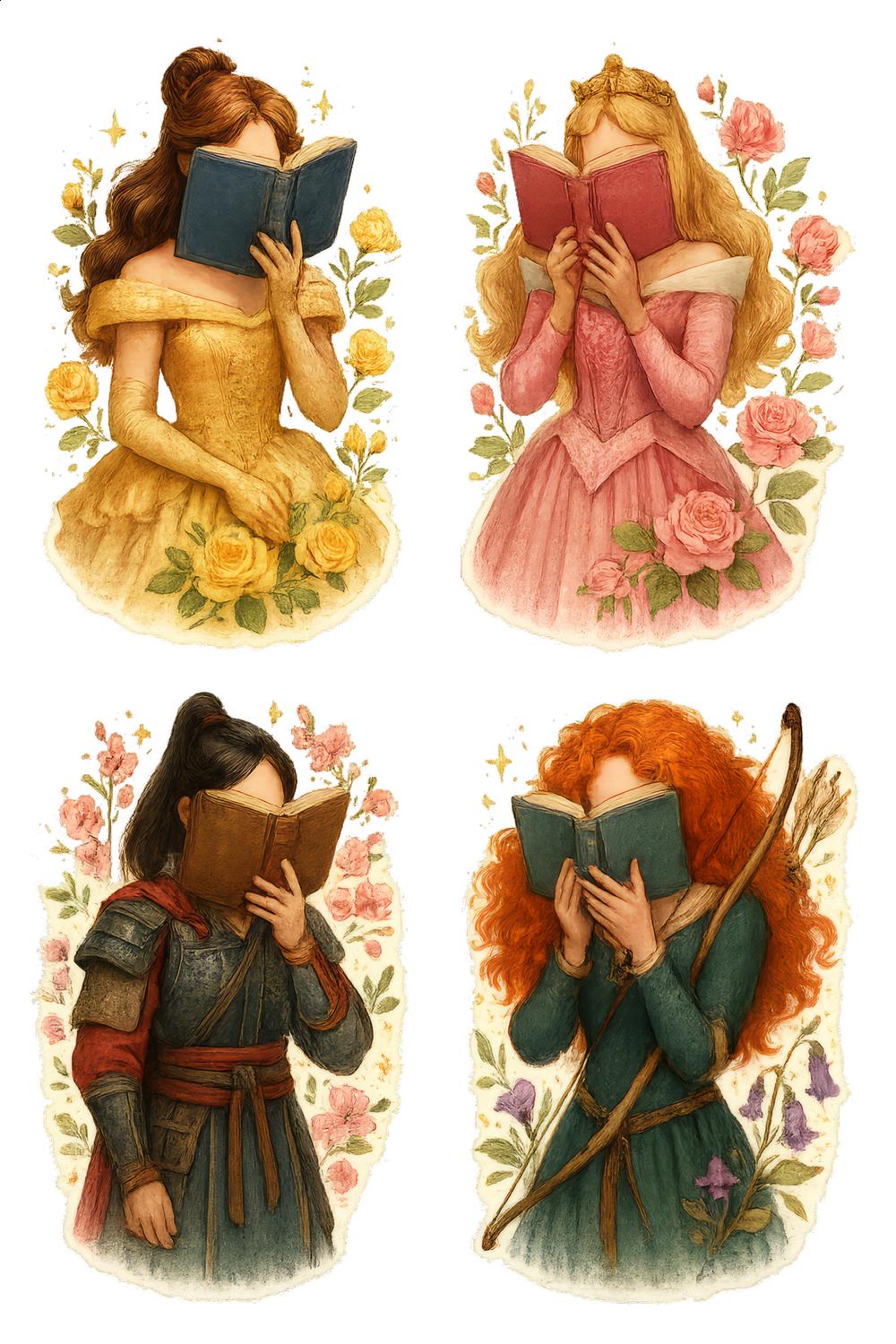 Vintage Reading Girls Illustrations, Floral Dresses, Book Lovers Art Print, Nursery Decor, Feminine Wall Art, Gift for Her
