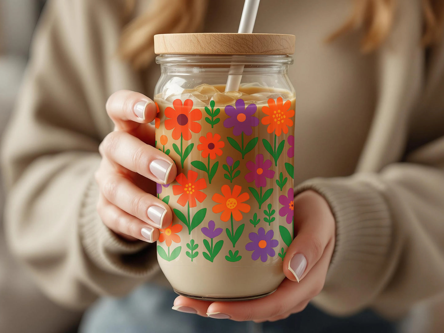 Colorful Floral Mason Jar Tumbler, Insulated Glass with Lid and Straw, Handheld Spring Flowers Design Drinkware