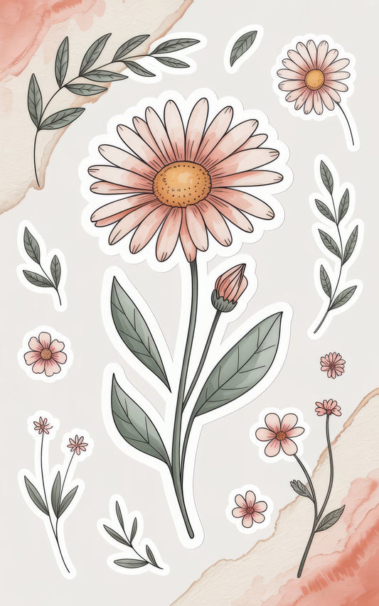 Pink Daisy Flower and Leaves Illustration, Botanical Art Stickers, Nature Inspired Decals, Floral Stationery Accessories for Journals and