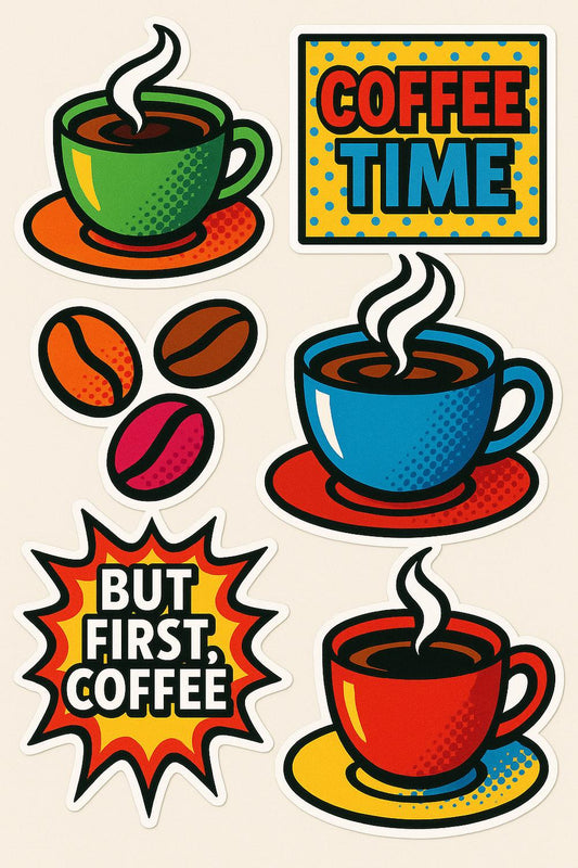Coffee Time Stickers Set, But First Coffee, Pop Art Style, Vintage Look, Colorful Coffee Cup Decals
