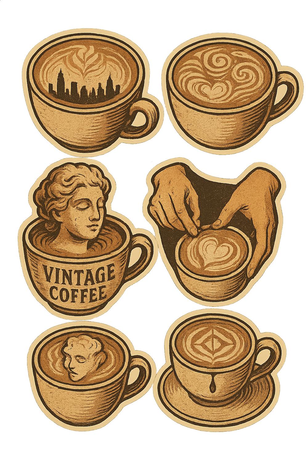 Vintage Coffee Cup Art Prints, Barista Latte Design, Kitchen Wall Decor Set of 6