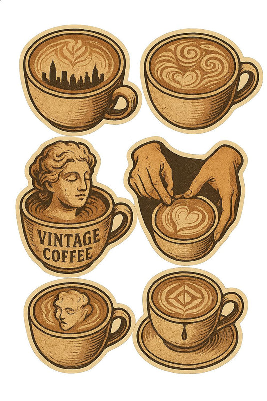 Vintage Coffee Cup Art Prints, Barista Latte Design, Kitchen Wall Decor Set of 6