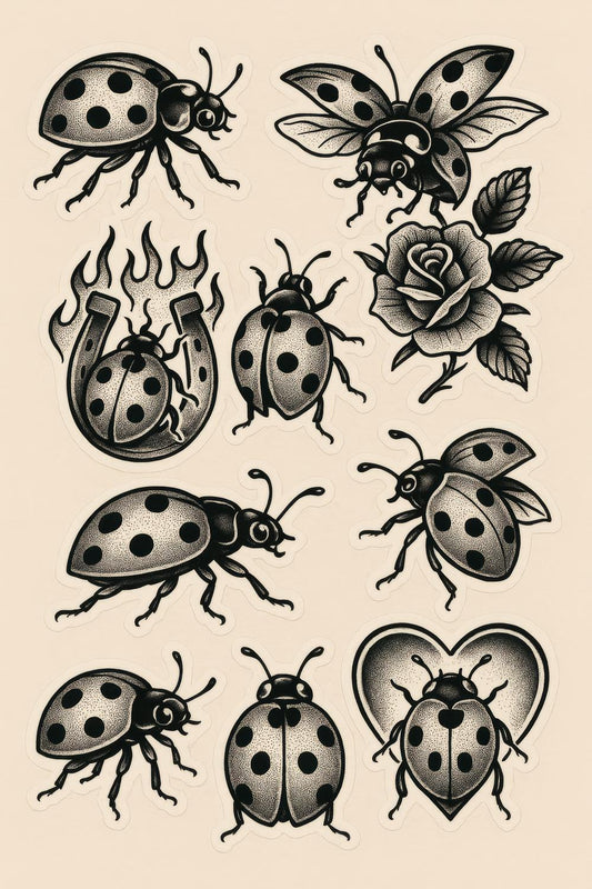 Vintage Ladybug Tattoo Art Prints, Set of 9, Classic Insect Illustrations, Wall Decor
