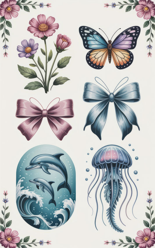 Floral and Marine Life Sticker Set, Watercolor Flowers, Butterflies, Dolphins, Jellyfish Decals