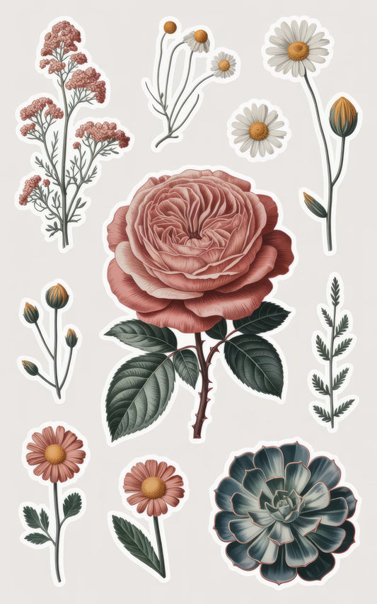 Vintage Floral Stickers Pack, Botanical Waterproof Decals, Rose Daisy Chamomile, Scrapbooking Bullet Journal Accessories