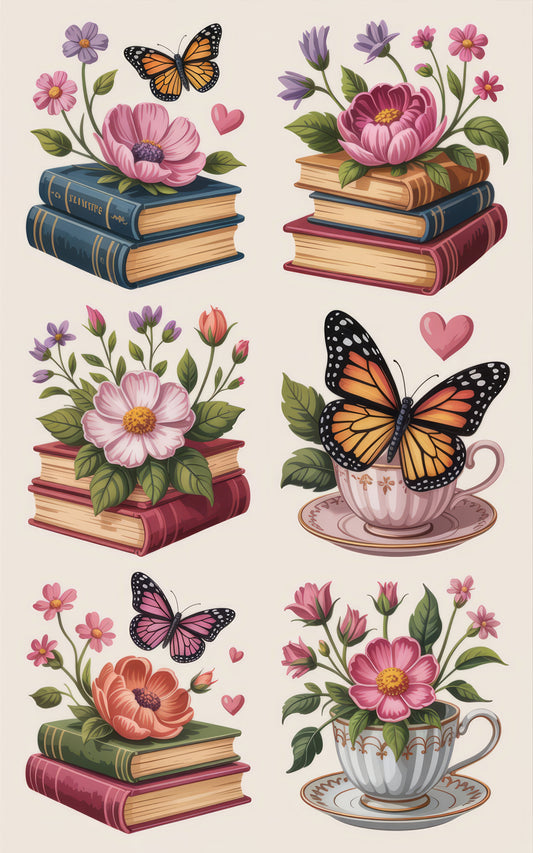 Vintage Floral Book Stack Art Prints, Butterfly and Flowers Wall Decor, Set of Four Posters