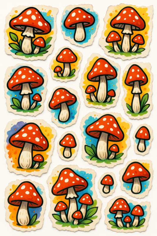 Red Mushroom Stickers Sheet, Cute Forest Toadstools, Woodland Decals, Nature Theme Scrapbooking, Amanita Decorative Sticker Pack