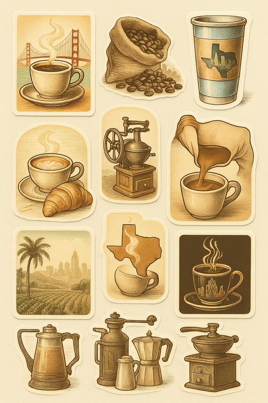 Vintage Coffee Art Print Set, Retro Kitchen Decor, Espresso Machine, French Press, Cappuccino Illustrations