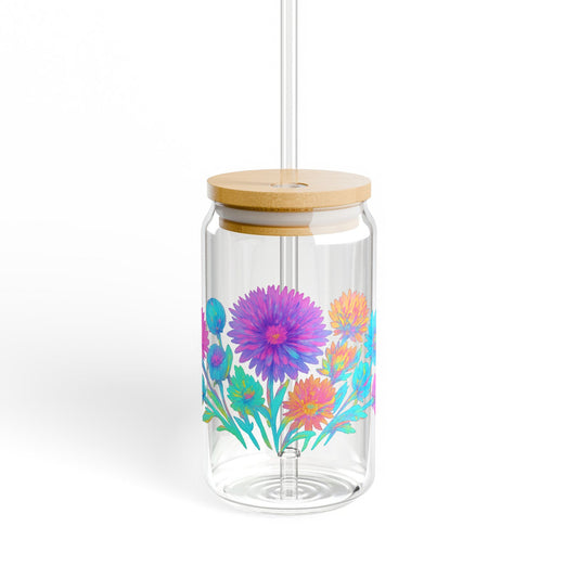 Colorful Floral Glass Water Bottle, Eco-Friendly Reusable Drink Container with Bamboo Lid