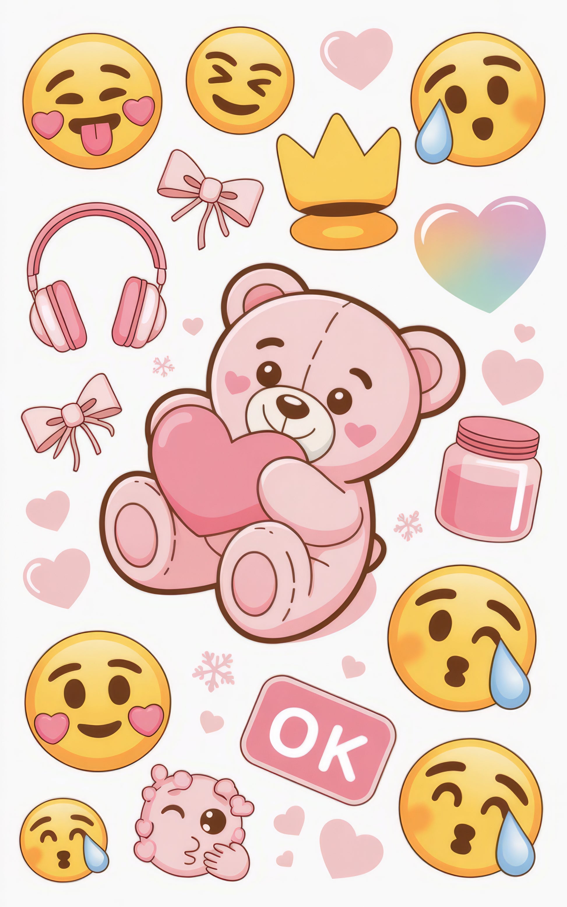 Cute Teddy Bear and Emojis Sticker Sheet, Pink Hearts, Crying Faces, Kawaii Stationery Decals for Journaling and Scrapbooking