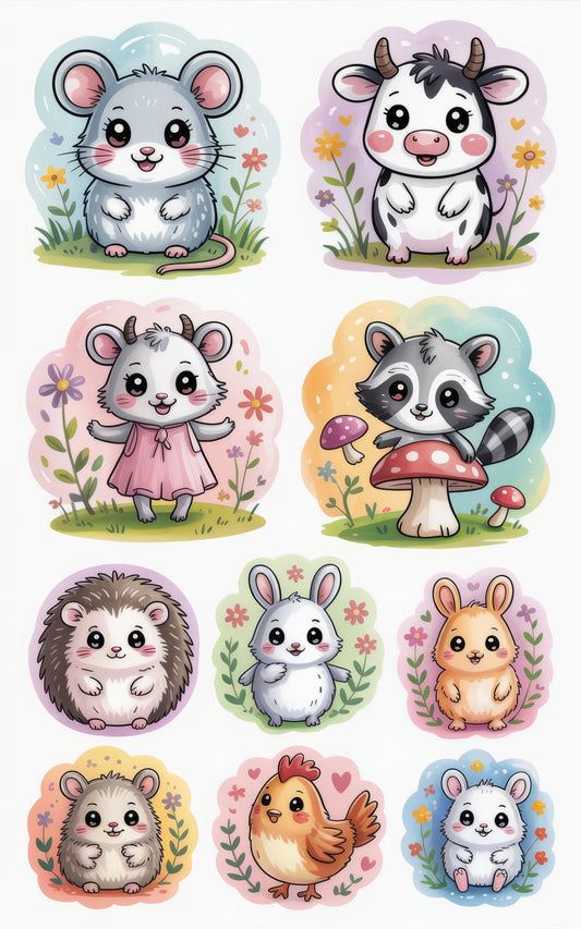 Cute Animal Stickers Set, Adorable Cartoon Hedgehog, Rabbit, Cow, Mouse Vinyl Decals for Kids