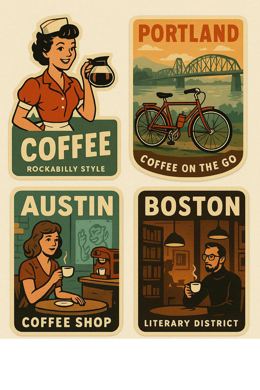 Vintage Style Coffee Poster Set - Portland, Austin, Boston Themed Retro Art Prints for Kitchen Decor