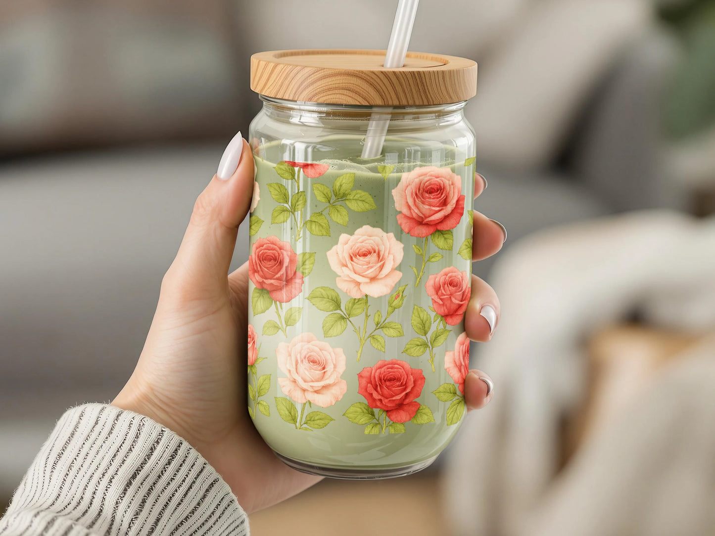 Floral Mason Jar Tumbler, Reusable Glass Drinkware with Straw, Rose Pattern Eco-Friendly Gift