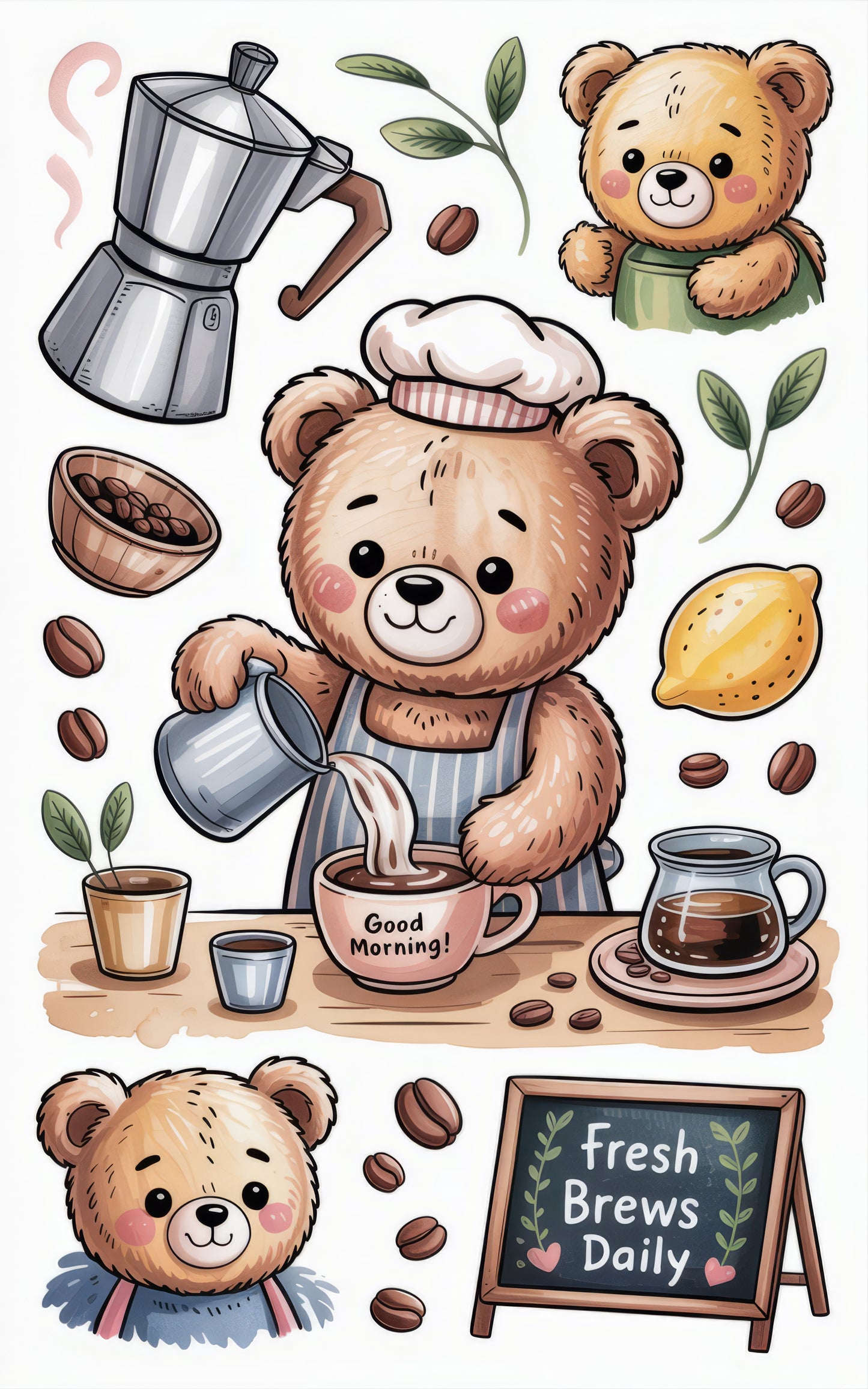 Cute Coffee Bear Stickers, Espresso Teddy, Fresh Brews Daily Decals, Coffee Beans and Moka Pot, Morning Brew Illustration Set