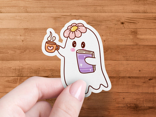 Cute Flower Ghost with Coffee and Book Sticker product type