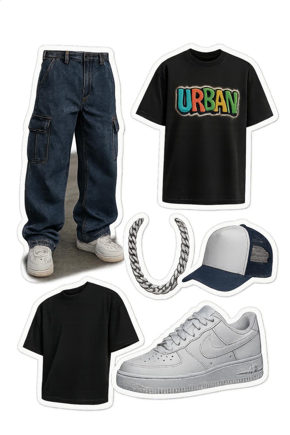 Urban Streetwear Fashion Bundle, Unisex Denim Jeans, Graphic Tee, Sneakers, Cap, Chain Necklace Set