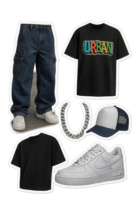 Urban Streetwear Fashion Bundle, Unisex Denim Jeans, Graphic Tee, Sneakers, Cap, Chain Necklace Set