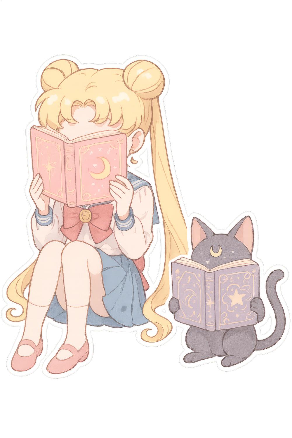 Cute Anime Girl and Cat Reading Book Art Print, Pastel Wall Decor, Kawaii Room Decoration