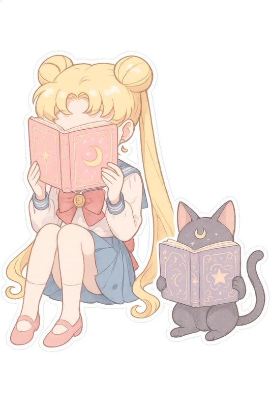 Cute Anime Girl and Cat Reading Book Art Print, Pastel Wall Decor, Kawaii Room Decoration