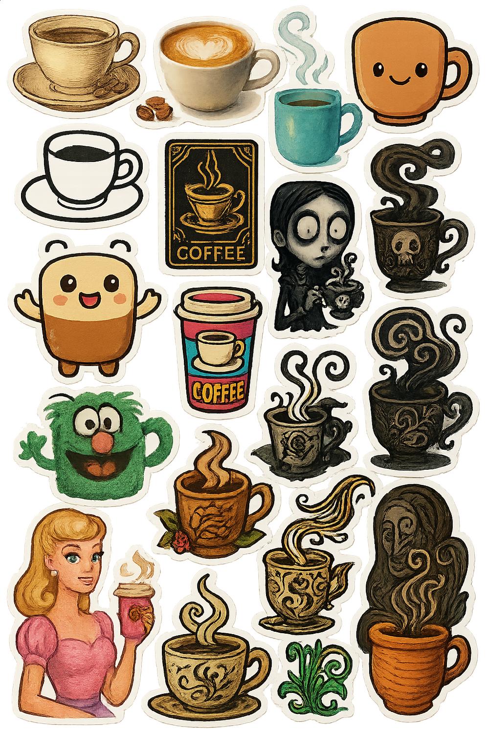 Vintage Coffee Sticker Pack, Cute Cartoon Coffee Cups, Aesthetic Espresso Decals, Laptop and Planner Stickers, Scrapbooking Set of 16
