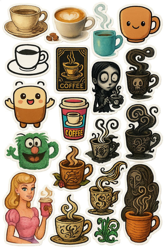 Vintage Coffee Sticker Pack, Cute Cartoon Coffee Cups, Aesthetic Espresso Decals, Laptop and Planner Stickers, Scrapbooking Set of 16